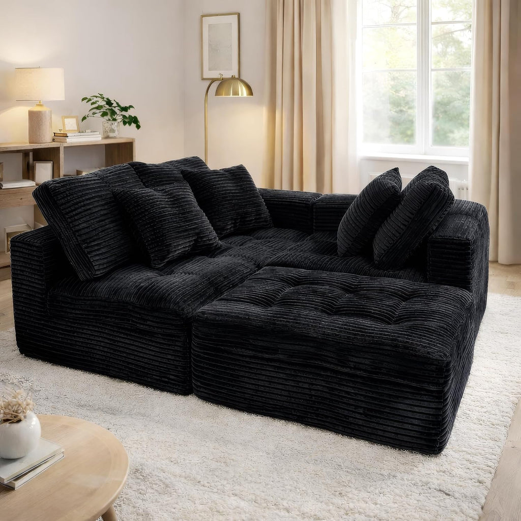 Eafurn 105' L-Shaped Boneless Modular Sectional Sofa with Movable Ottoman, Comfy Corduroy Floor Couch with Deep Seat and Tufted Seat, Flexible Module Combination for Living Room, No Assembly