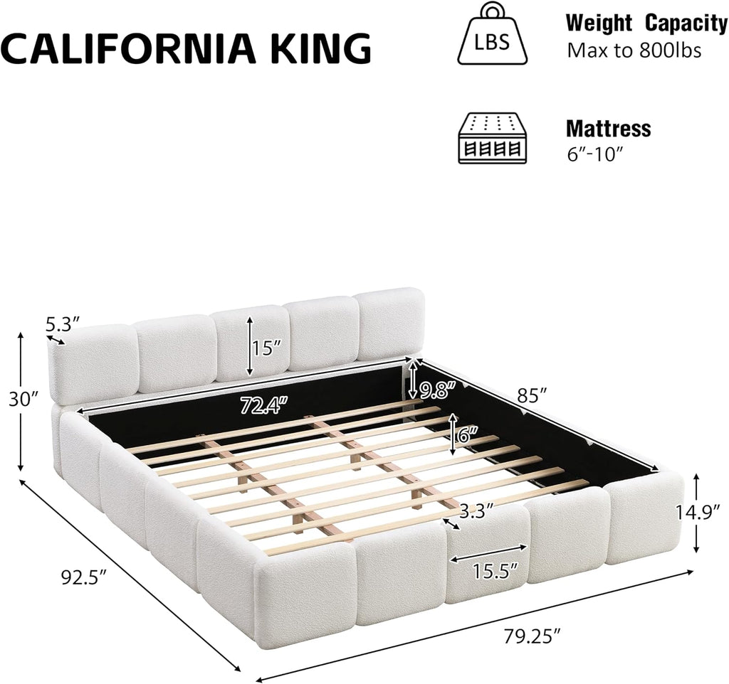 Christopher Knight Home Hazel California King Size Platform Bed, Boucle Thick Headboard and Footboard, Upholstery Grounded Beds, Wood Slat Panel Support, No Spring Box Needed, Easy Assembly, White