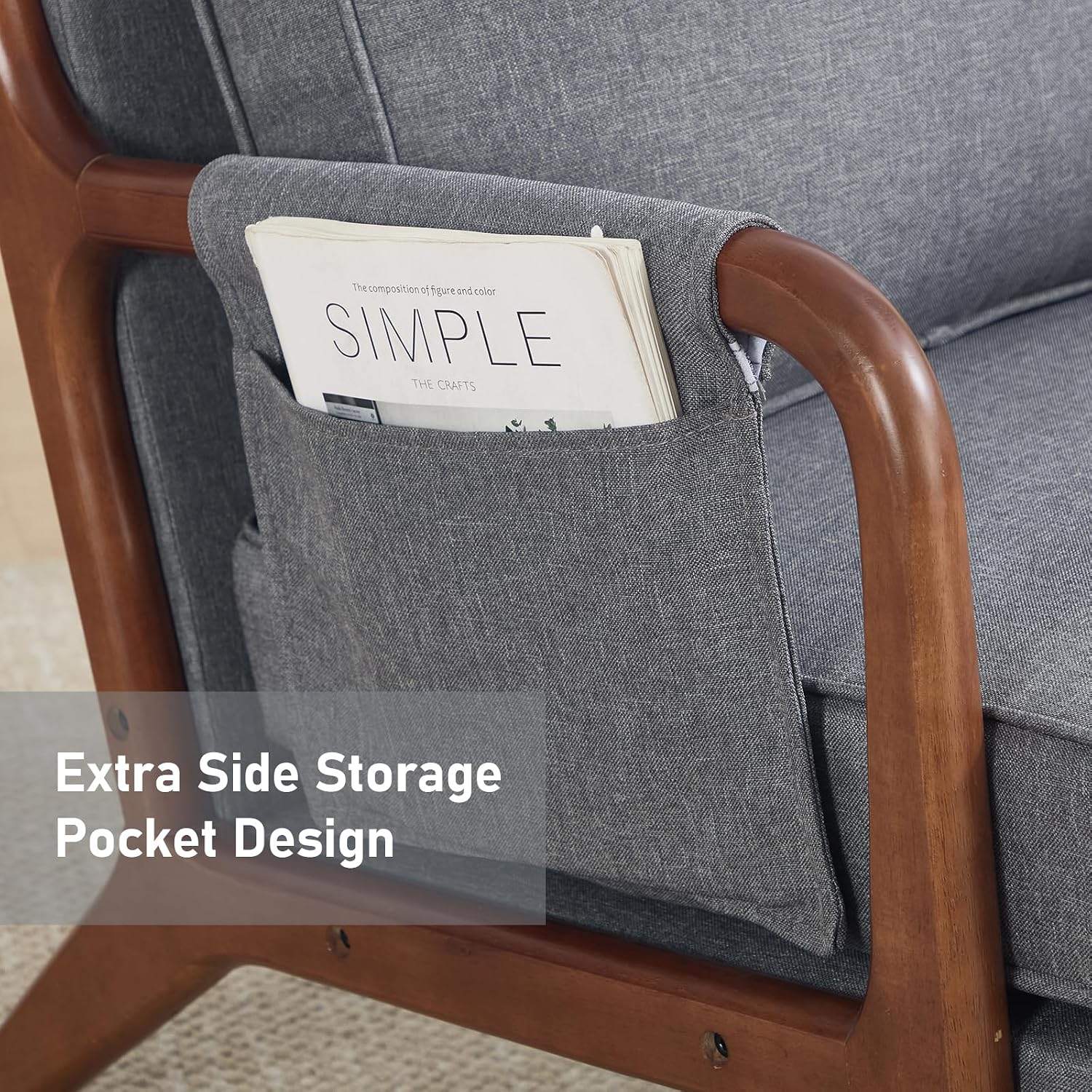 ANJ Mid Century Modern Accent Chair, Lounge Reading Armchair with Extra Side Pocket & Detachable Cushion, Comfy Fabric Accent Chairs for Living Room, Bedroom,Grey