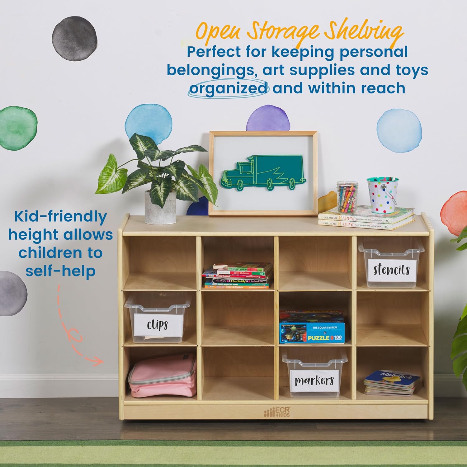 ECR4Kids 12 Cubby Mobile Tray Storage Cabinet, 3x4, Classroom Furniture, Natural
