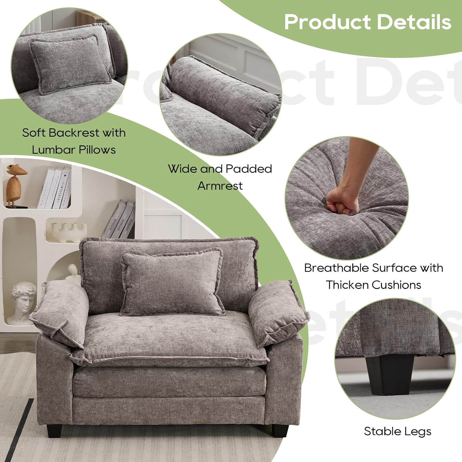 Oprisen Modular Sectional Sofa, Comfy Cloud Couch Sectional Sofa, Chenille Sofa Sleeper Deep Seat Sofa with Throw Pillows for Living Room (Light Gray, 53'- Single Seat)