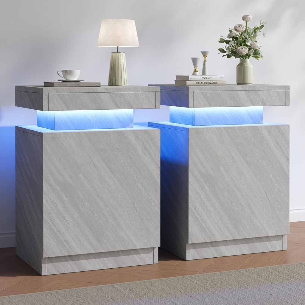 Nightstands Set 2, 17 Inches Modern Bedside Table with LED Lights, LED Night Stand Set of 2, High Gloss Surface, End Table with Storage for Bedroom, Grey