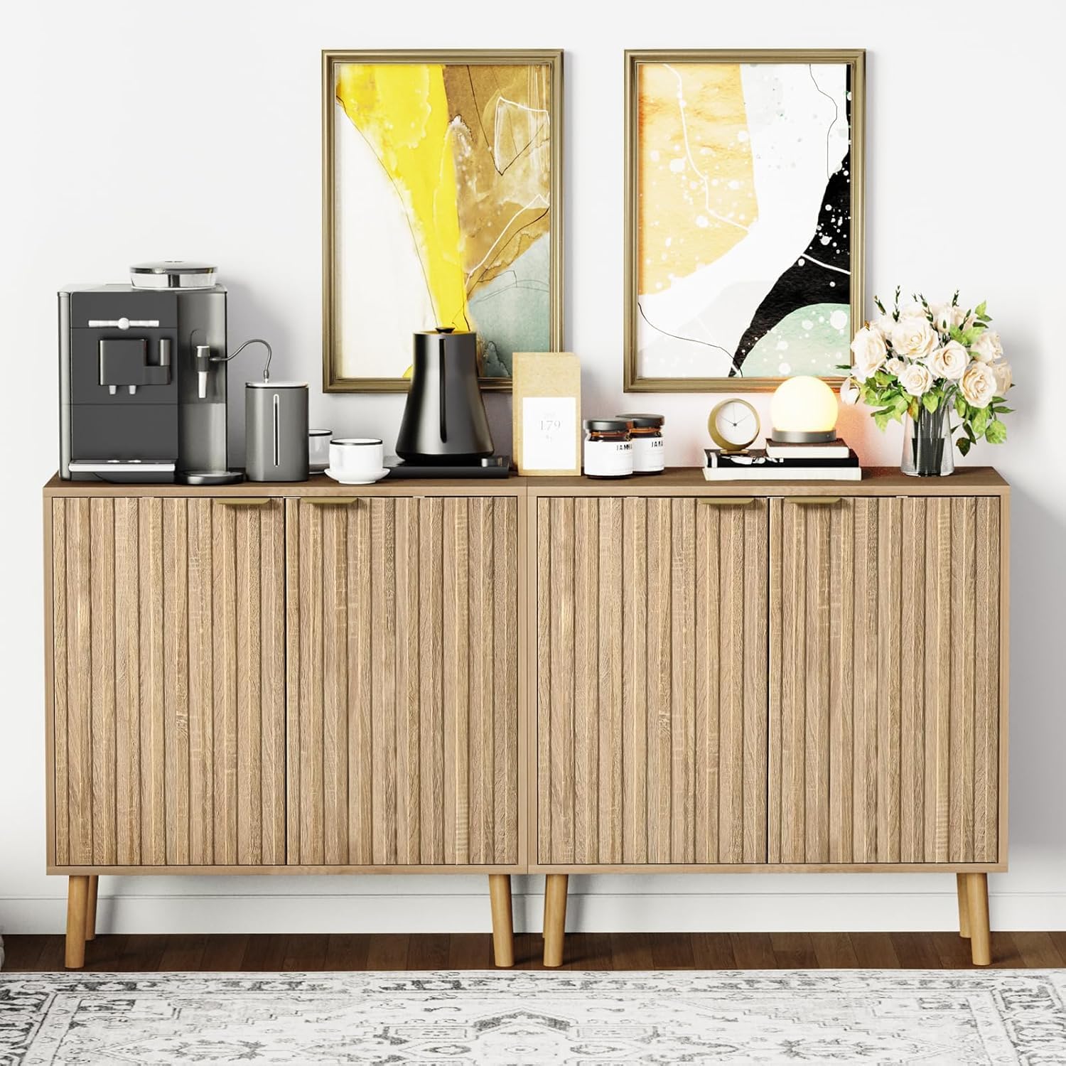 Pamapic Fluted Storage Cabinet, Sideboard Buffet Cabinet with Storage, Wood Credenza with Adjustable Shelves, Modern Accent Cabinet for Living Room, Kitchen, Entryway, Natural(2, Natural)