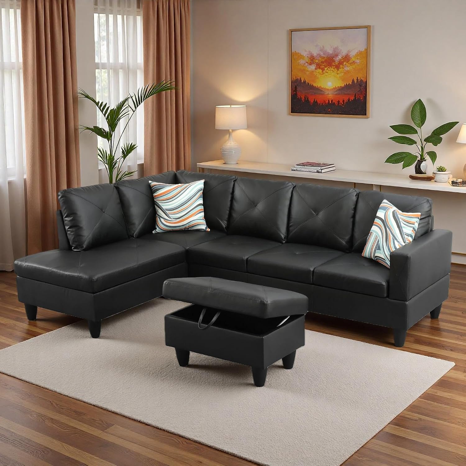 L-Shaped Sectional Sofa with Movable Chaise & Storage Ottoman, Leather 3-Piece Modular Convertible Couches for Living Room, Apartment & Office, Dark Black