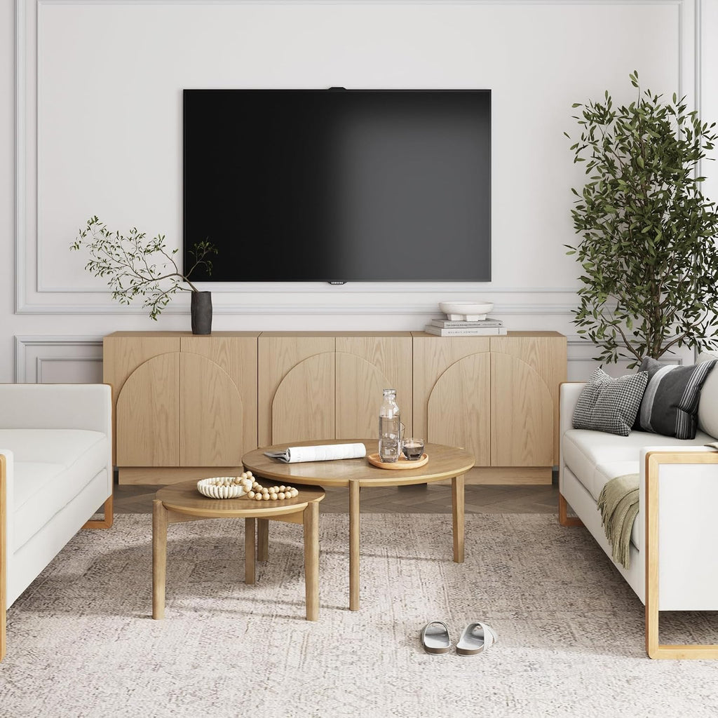 Nathan James Iris Mid-Century Modern Credenza, Light Brown TV Stand, Living Room Wood Storage Cabinet with Arched Cabinet Doors, White Oak, Set of 3