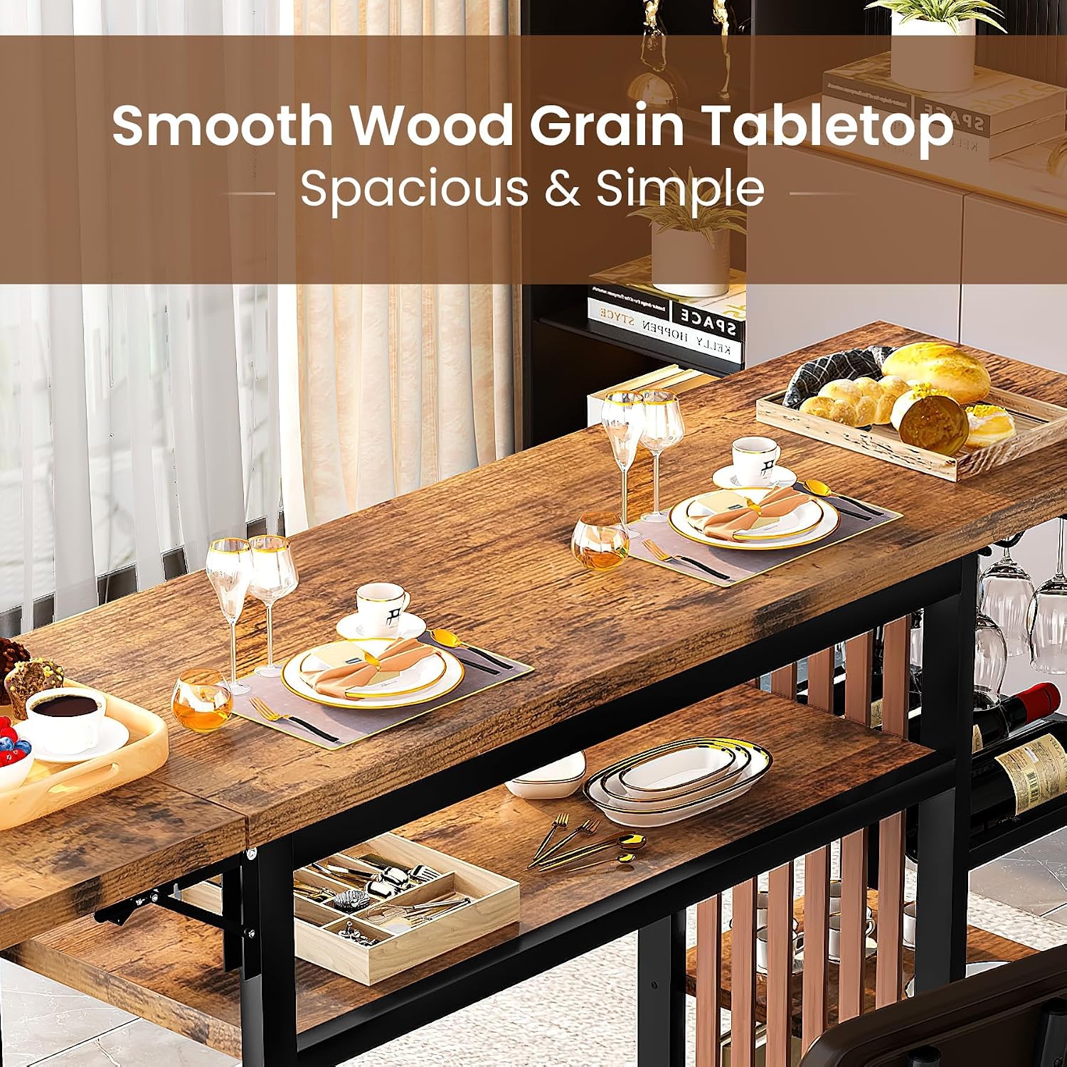 Recaceik Bar Dining Table Set, 59' Expandable Kitchen Counter Height Dining Table Set with Storage Shelves, Cup Holder & Wine Rack, PU Upholstered Stools Bar Table Set with Backrest for Kitchen
