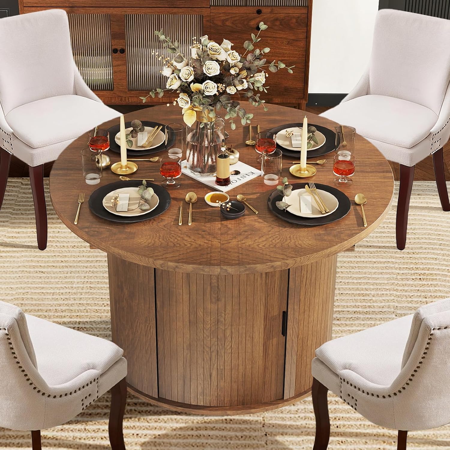 43-59 inch Extendable Round Dining Table with 2-Tier Hidden Storage Shelf,Space Saving Wood Kitchen Table for Small Spaces, Seats 4-6, Mid-Century Modern Oval Design, Brown