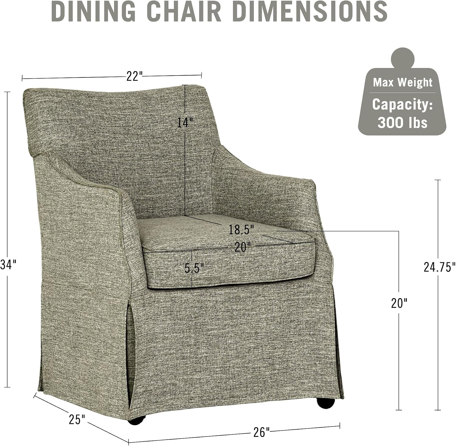 Martha Stewart London Dining Chair - Solid Wood & Plywood, Skirted Metal Base Accent Armchair, Lumbar Pillow -Modern Classic Family Dining Room Furniture 25' W x 26' D x 34' H, Grey