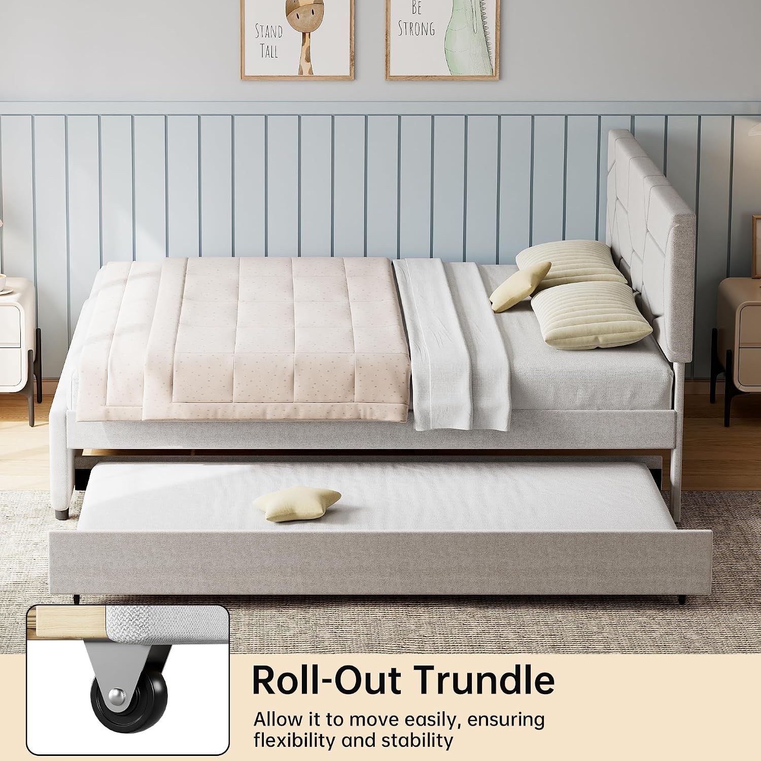 Garvee Queen Size Bed Frame with Trundle, Upholstered Platform Bed Frame with Headboard, Trundle Bed Twin, Wood Slat Support, for Bedroom, Living Room, Guest Room