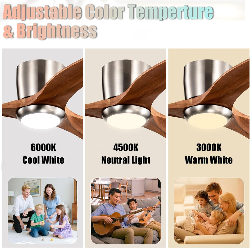 52' Modern Dimmable Chandelier Fan with Light, Low Profile Flush Mount Ceiling Fan Wooden Fandelier with Remote Reversible DC Motor Ceiling Fan for Bedroom Living Room (Nickel)