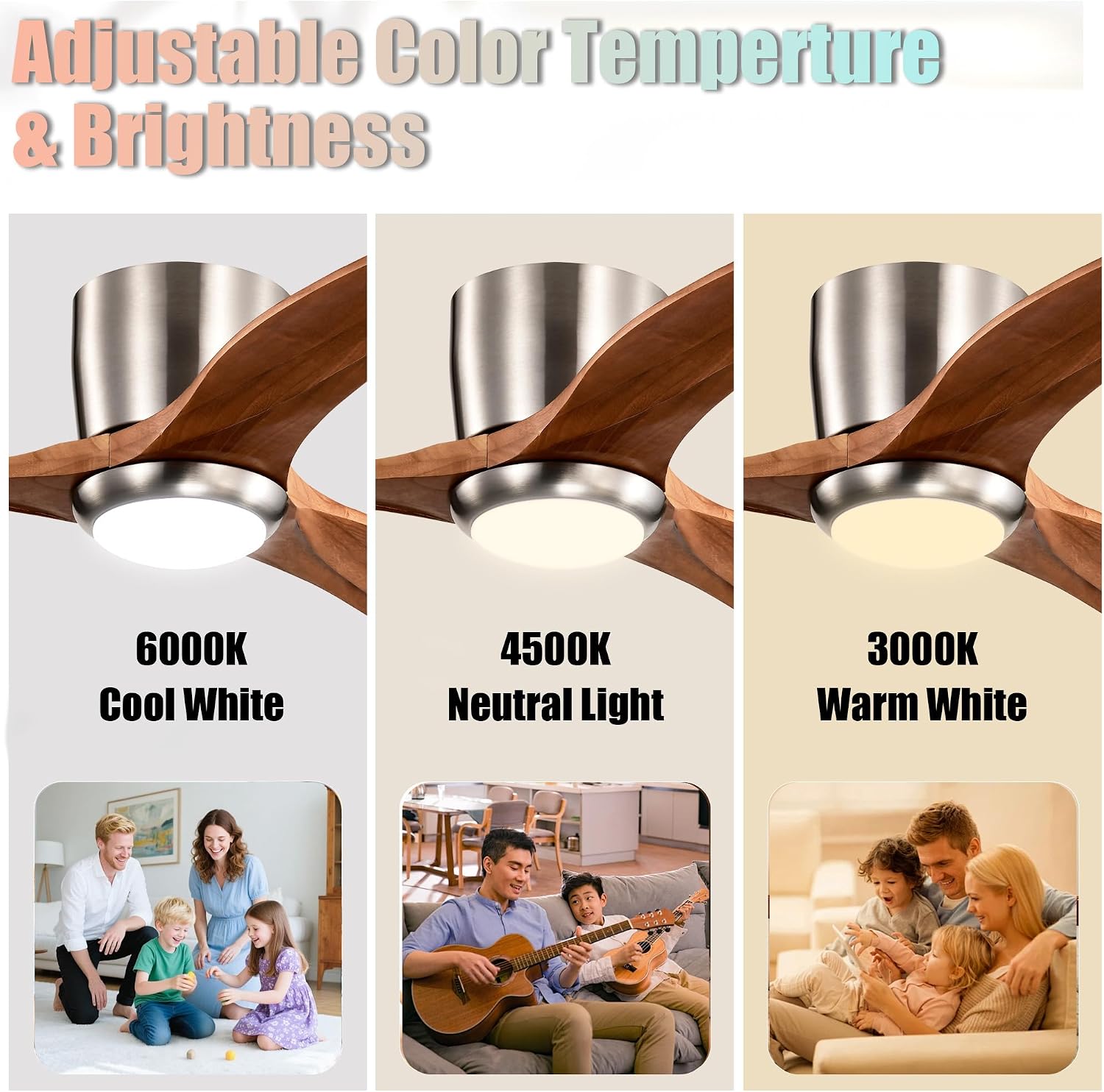 52' Modern Dimmable Chandelier Fan with Light, Low Profile Flush Mount Ceiling Fan Wooden Fandelier with Remote Reversible DC Motor Ceiling Fan for Bedroom Living Room (Nickel)