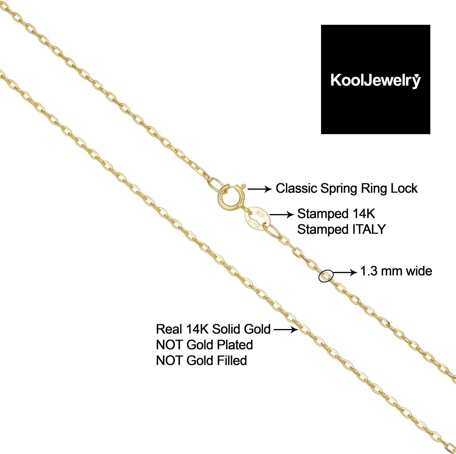 Kooljewelry 14k Yellow Gold Diamond-Cut Cable Chain Necklace For Women - Real Gold (choose 1mm or 1.3mm thick - sizes from 14 to 20 inch)