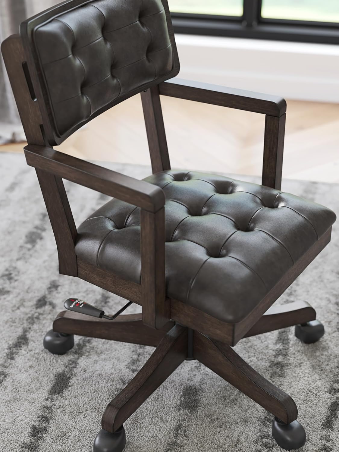Signature Design by Ashley Breckington Contemporary Faux Leather Tufted Home Office Desk Chair with Adjustable Height and Casters, Solid Wood, 28.75' W x 28.75' D x 38' H, Dark Brown