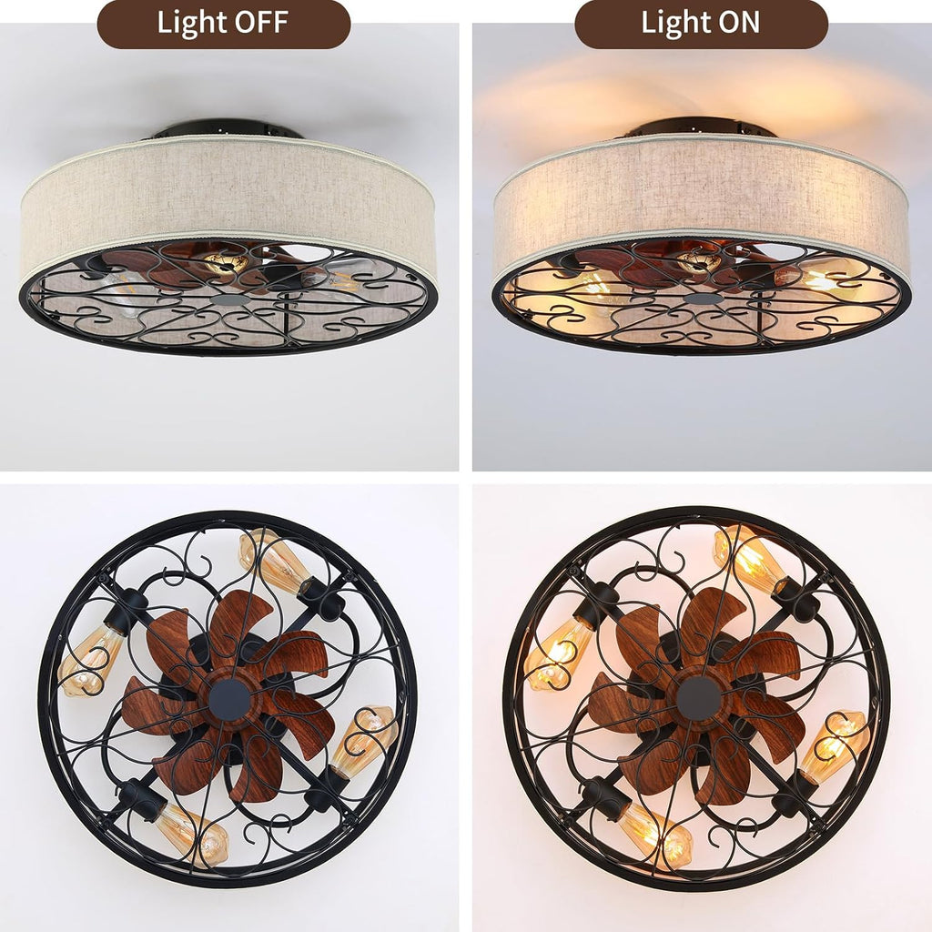 20 Inch Caged Ceiling Fans with Lights Flush Mount,Low Profile Fabric Farmhouse Bladeless Ceiling Fan with Remote, Farmhouse White Ceiling Fan for Bedroom,6 Speeds Reversible Silent Fandalier