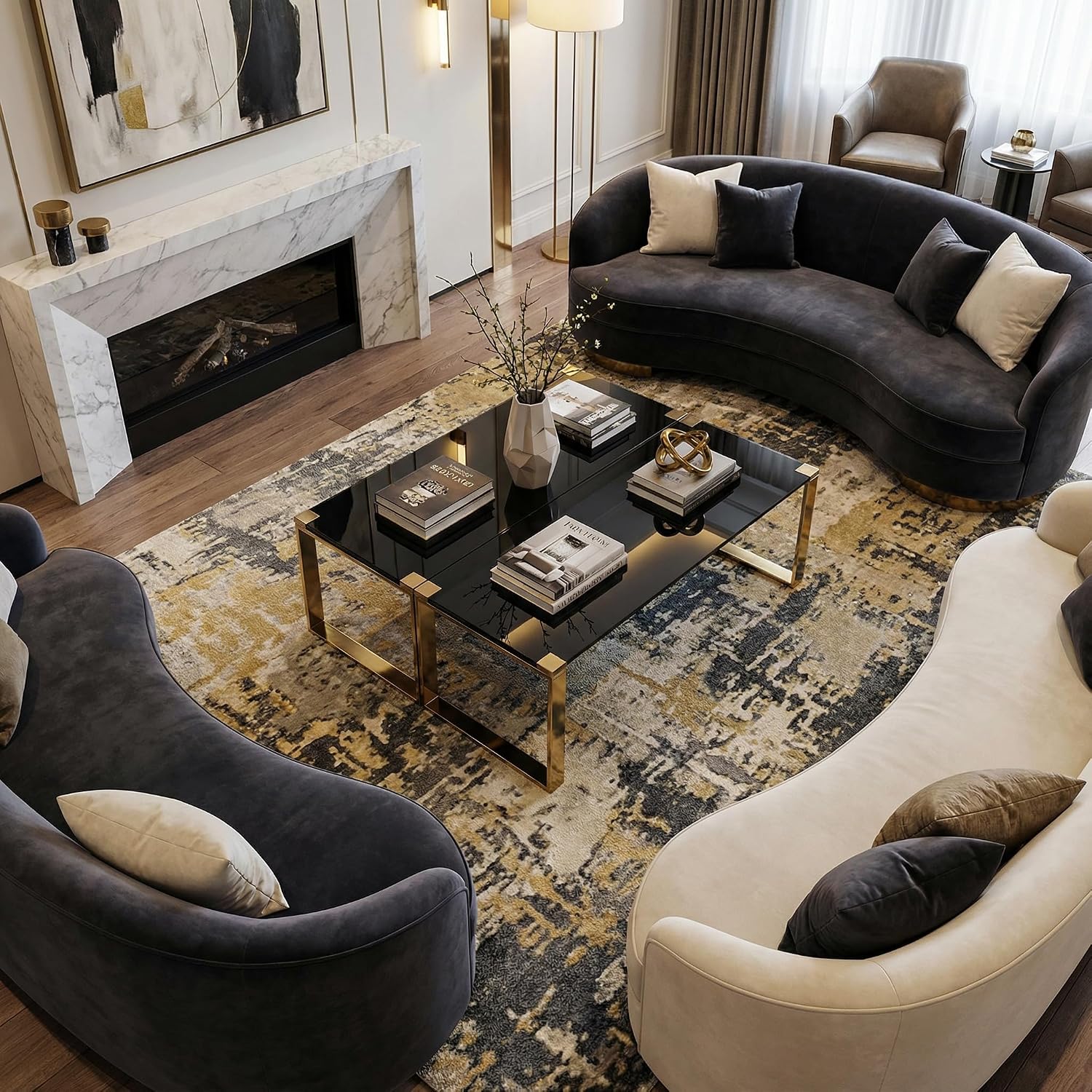 Cortesi Home Remini Coffee Table, Gold Metal and Black Glass