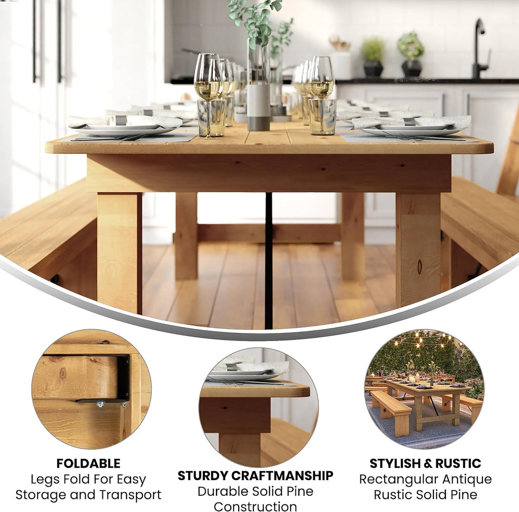 Flash Furniture Hercules Commercial Grade Farmhouse Dining Table | Solid Pine Foldable Table for 10 in Antique Rustic Light Natural | Rustic Charm for Home and Events