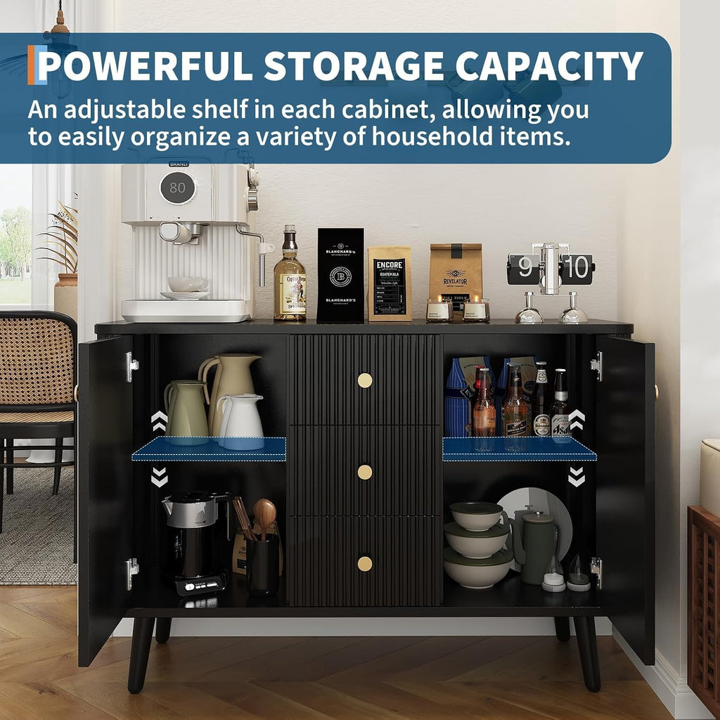 47.2' w Fluted Buffet Cabinet with 3 Drawers & 2 Adjustable Shelves, Storage Cabinet with 2 Door, Modern Mid Century TV Stand Coffee Bar Cabinets for Living Room, Kitchen, Entryway