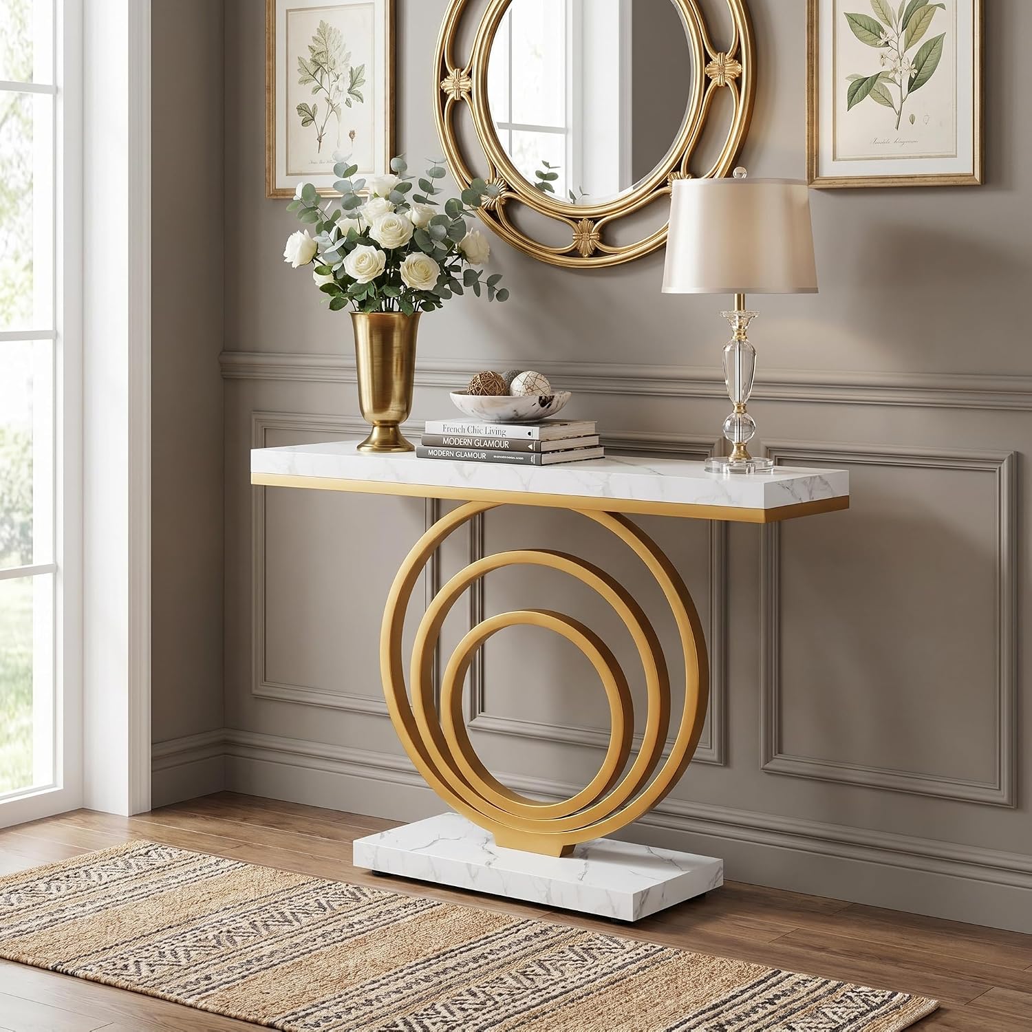 Tribesigns 41-Inch Gold Entryway Table, Modern Console Table Narrow Long, Contemporary Accent Table for Living Room, Hallway, Entrance, Faux Marble Veener Top