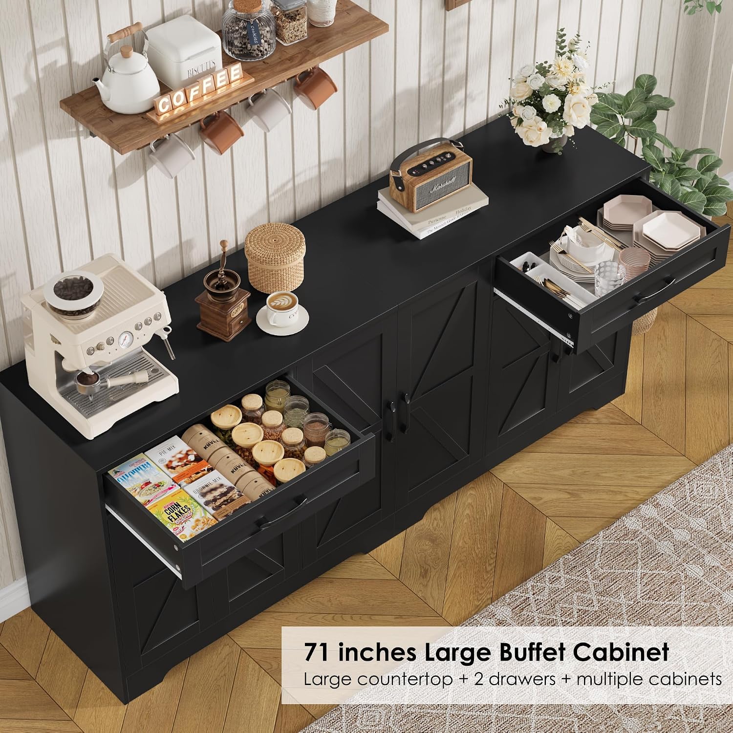 BOTLOG 71' Large Sideboard Buffet Cabinet with Storage, Farmhouse Kitchen Buffet Cabinet with Adjustable Shelves and 6 Barn Doors, Wood Coffee Wine Bar Console Table for Kitchen, Dining Room, Black