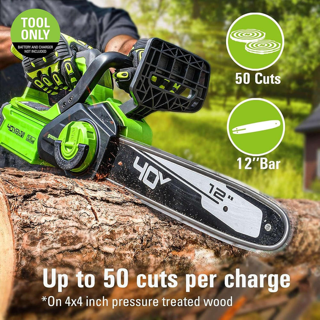 Greenworks 40V 12' Cordless Compact Chainsaw (Great For Storm Clean-Up, Pruning, and Camping), Tool Only