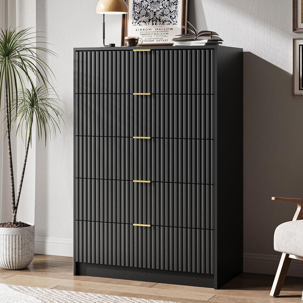 MAISONARIA 5 Drawer Dresser for Bedroom, Tall Dresser Chest of Drawers with Gold Handles, 32 Inch Wide Nightstand with for Bedroom, Living Rooms, Offices, and Entryways, Black