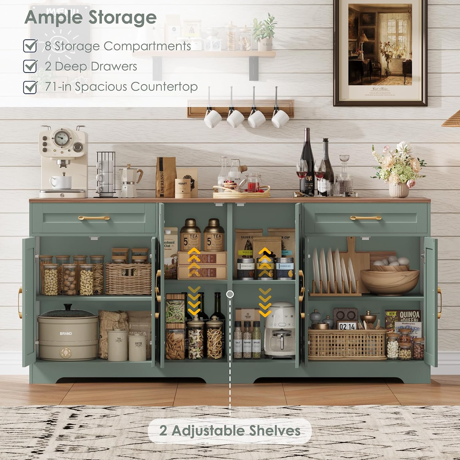 BOTLOG 71' Large Sideboard Buffet Cabinet with Storage, Farmhouse Kitchen Buffet Cabinet with Adjustable Shelves and 6 Barn Doors, Wood Coffee Wine Bar Console Table for Kitchen, Dining Room, Green