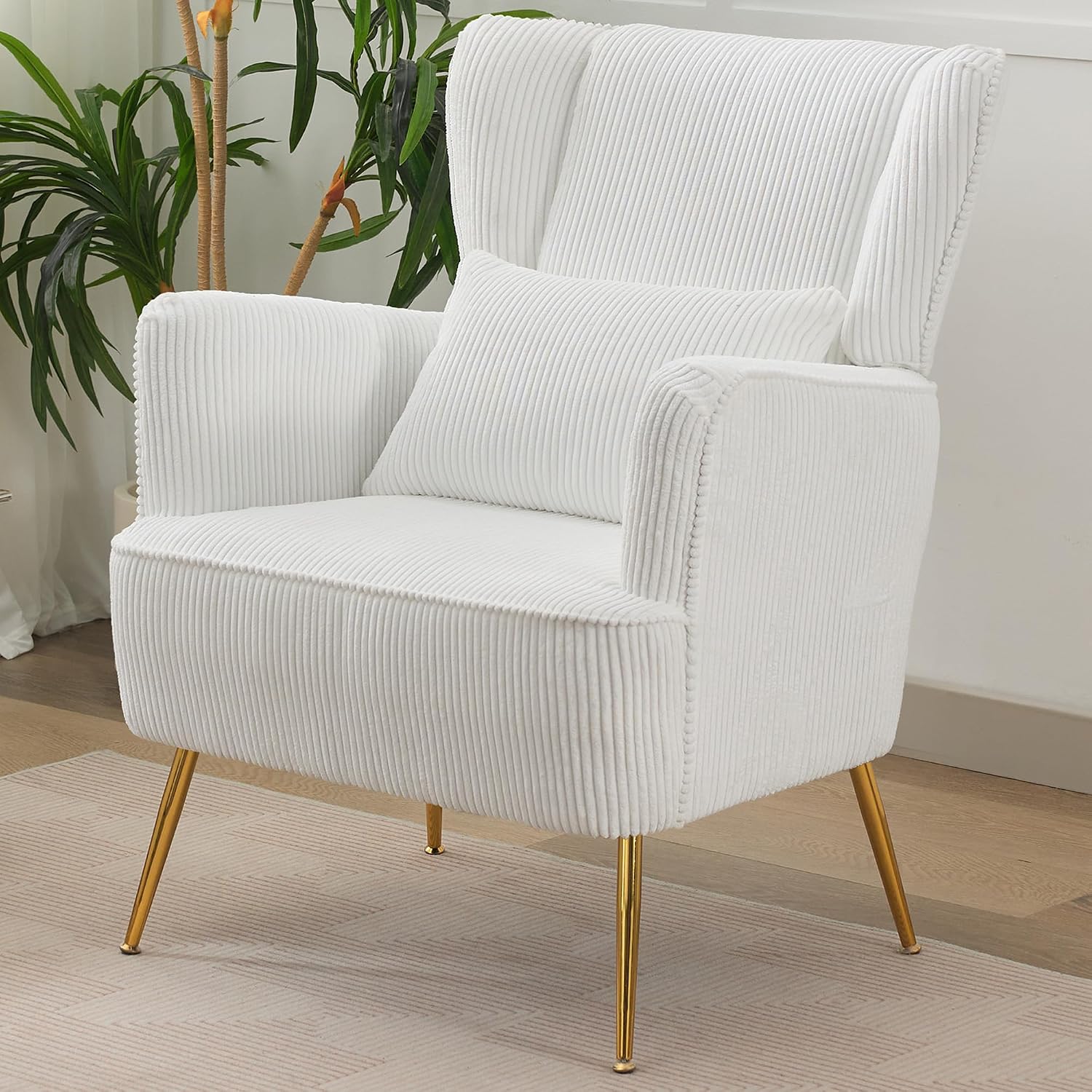 WUTUTUEE Corduroy Accent Living Room Arm Chair with Pillow & Golden Legs, 8.5' Thick Cushion, Mid Century Modern Wingback Chairs Upholstered Comfy Sofa Armchair for Reading Room/Bedroom, White