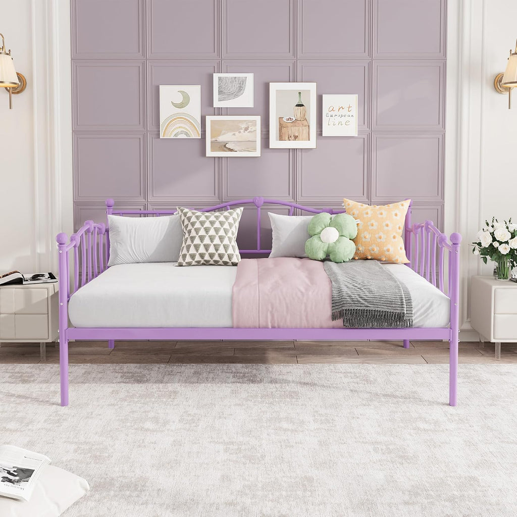 GarveeHome Twin Size Daybed Frame, Sofa Bed with Stylish Headboard, Heavy Duty Steel Slat Support, Space Saving for Living Room/Bedroom/Guest Room, Purple