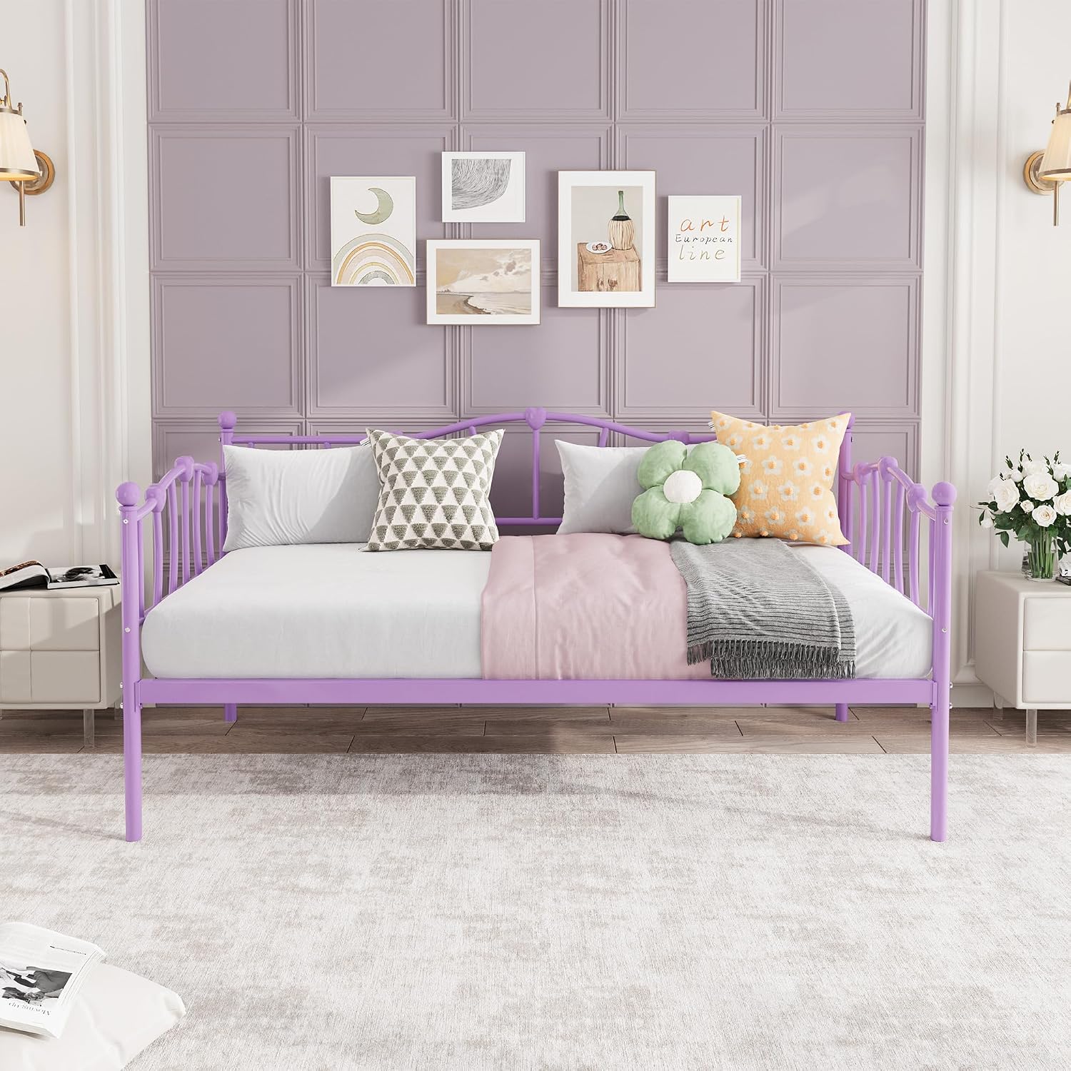 GarveeHome Twin Size Daybed Frame, Sofa Bed with Stylish Headboard, Heavy Duty Steel Slat Support, Space Saving for Living Room/Bedroom/Guest Room, Purple