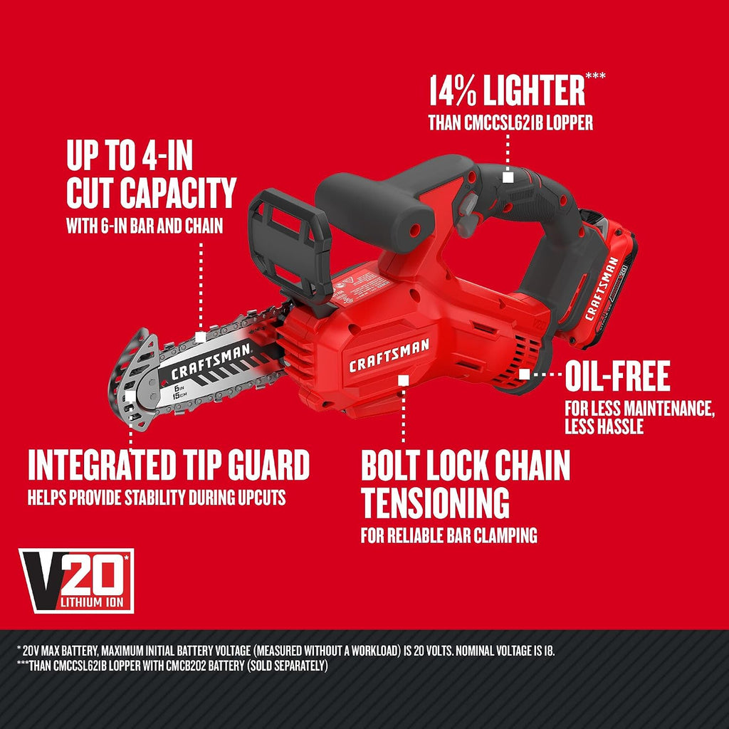 CRAFTSMAN V20 Mini Cordless Chainsaw, Pruning Saw, 6' Chain, Small Handheld Chainsaw, 2Ah Battery and Charger Included, Tree Trimming and Pruning, Compact and Lightweight (CMCCS320D1)