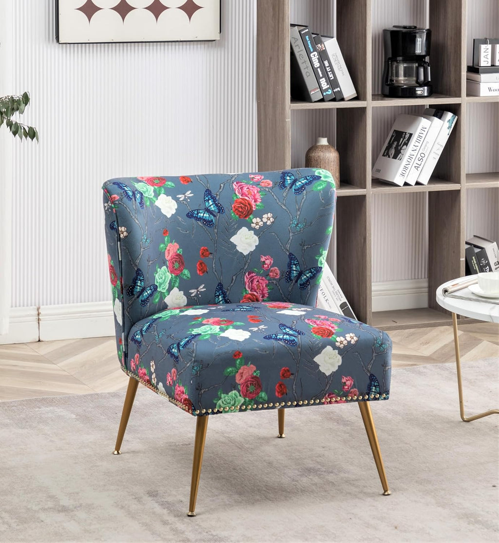 Container Furniture Direct Thia Armless Accent Chair for Living Room, Elegant Seat with Nailhead Trim, Gold Metal Legs and Comfortable Curved Back, 28' D x 25' W x 29.5' H, 07 Floral Print
