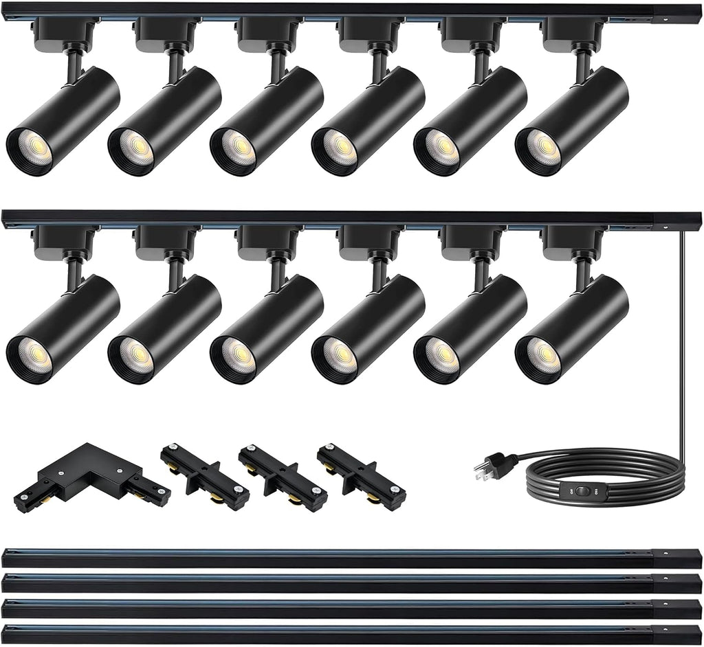 Ultra-Bright Black H Type Track Lighting Kit 3000K Warm White, 12 Heads 20W 2400lm with 13.1FT Track Rails, Dimmable Plug in LED Track Lights Modern Indoor Spotlight Fixture
