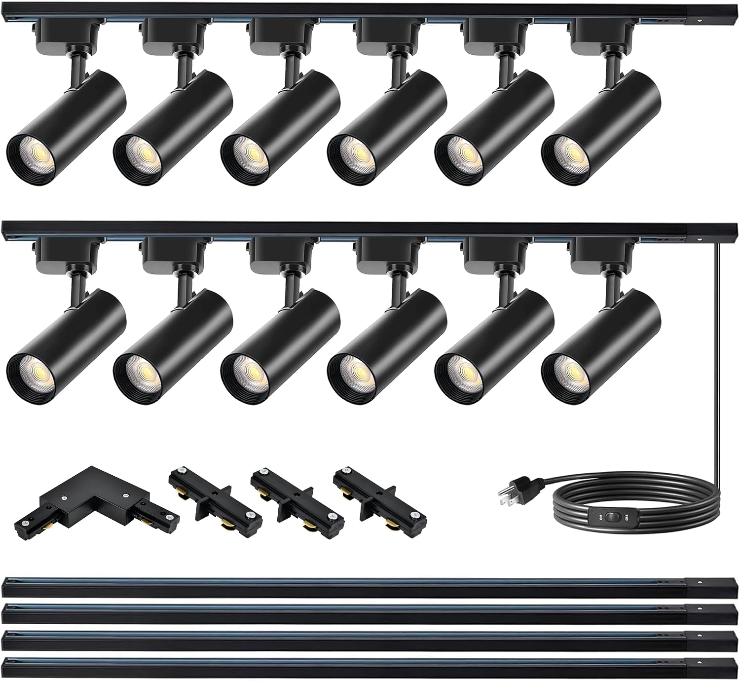 Ultra-Bright Black H Type Track Lighting Kit 3000K Warm White, 12 Heads 20W 2400lm with 13.1FT Track Rails, Dimmable Plug in LED Track Lights Modern Indoor Spotlight Fixture