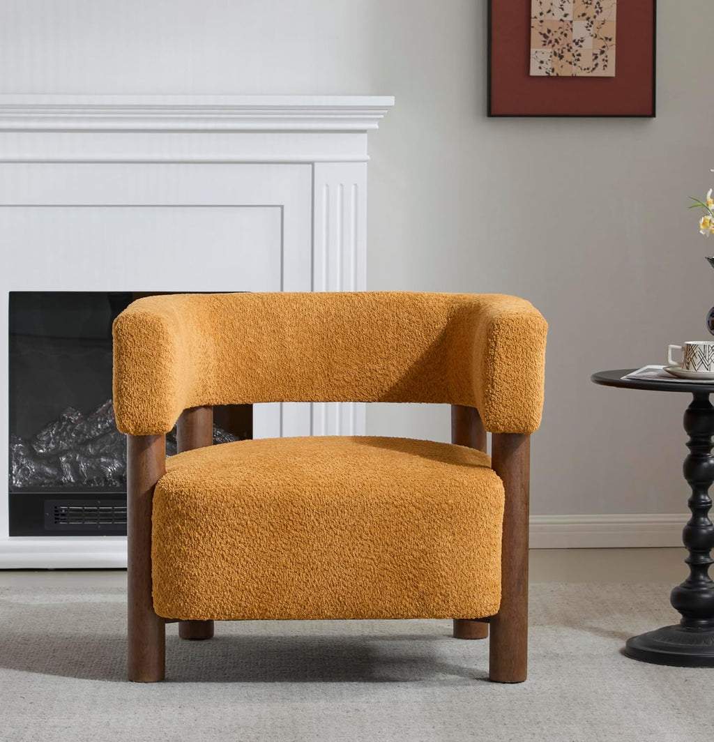 Christopher Knight Home Carly Low Profile Accent Chair, Round Backrest Side Chair, Living Room Armchair with Boucle Fabric Cushion, Comfy Reading Chair for Bedroom, Wooden Single Lounge Sofa, Yellow