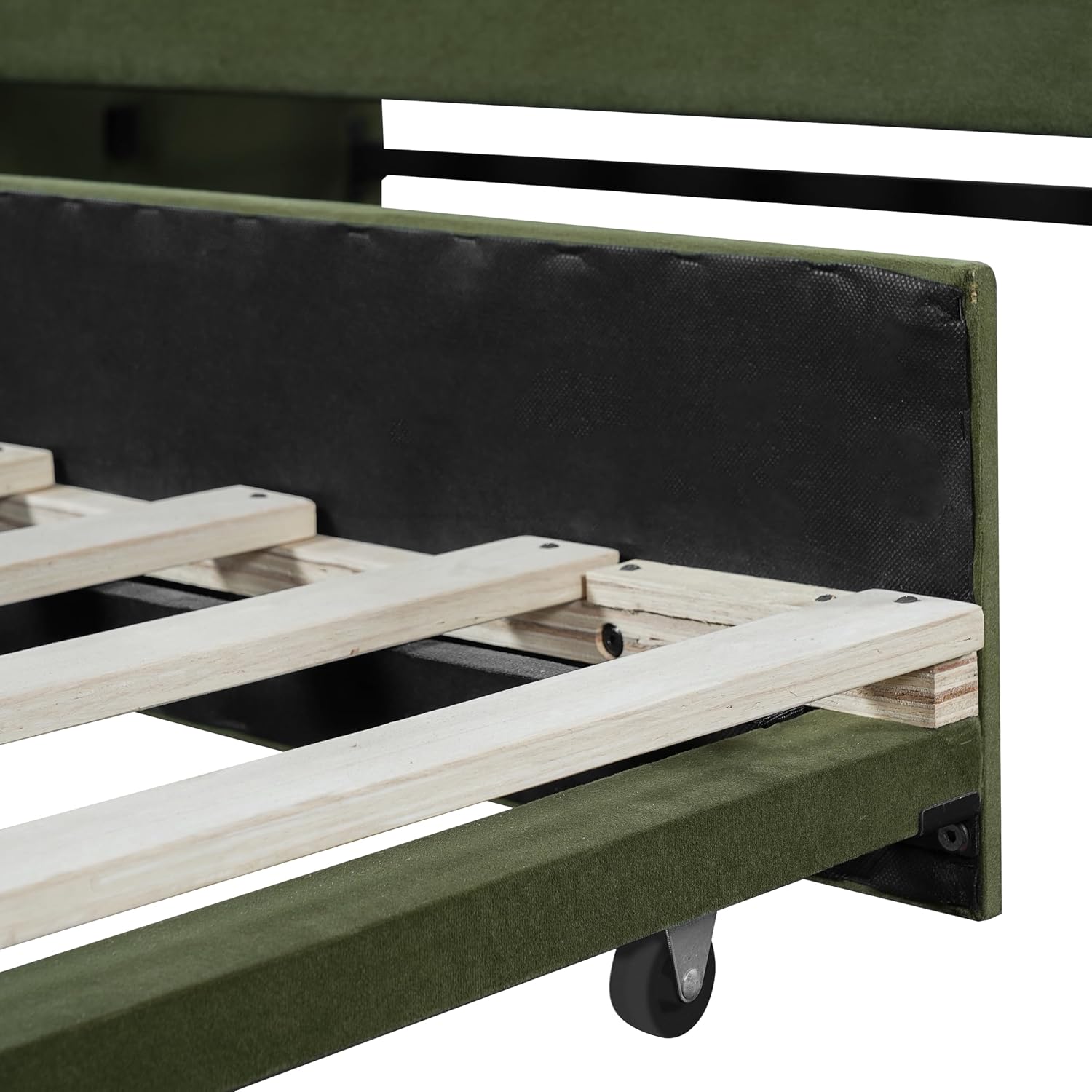 Christopher Knight Home Leonhart Velvet Upholstered Full Size Bed Frame with Headboard/Footboard, Day Bed Frame with Pull-Out Functionality, Iron Frame + Wooden Slat Trundle Bed Full, Olive Green