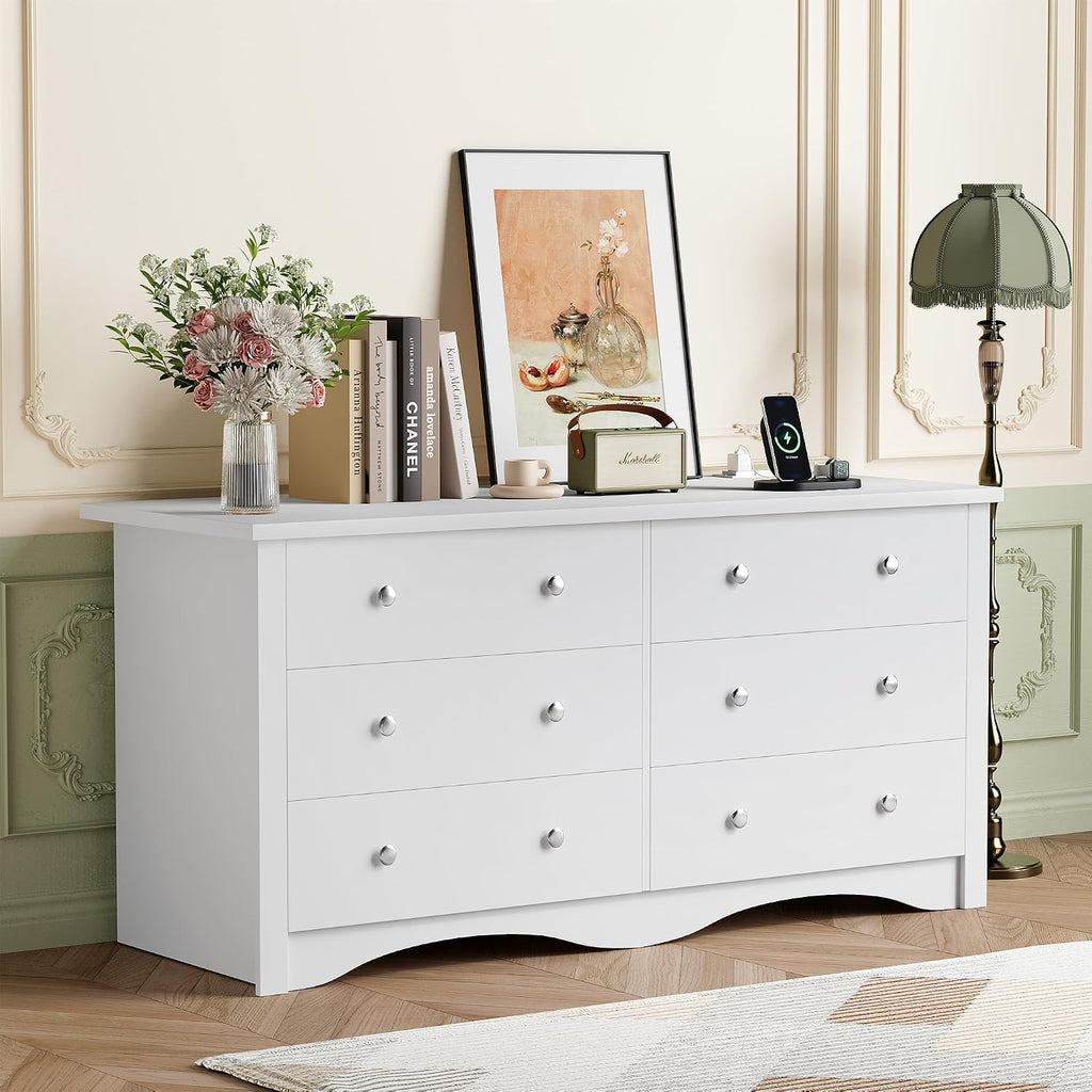 YESHOMY Dresser for Bedroom with Power Outlet,6 Drawers Dresser, Modern Chest of Drawers, Wooden Dressers, TV Stand for Living Room,Closet, Hallway (White)