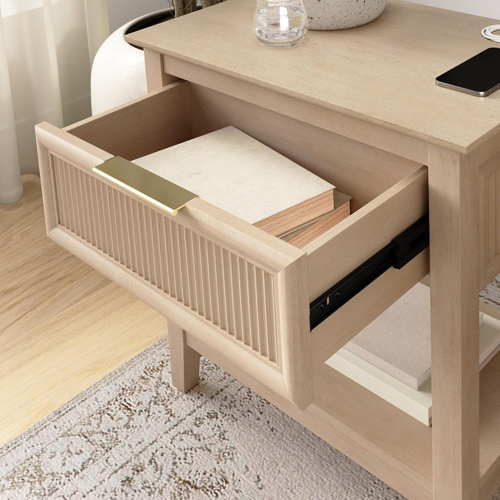 Bush Home Fluted Nightstand with Drawer, Bedroom Furniture, Camille Collection, Natural Birch Beige