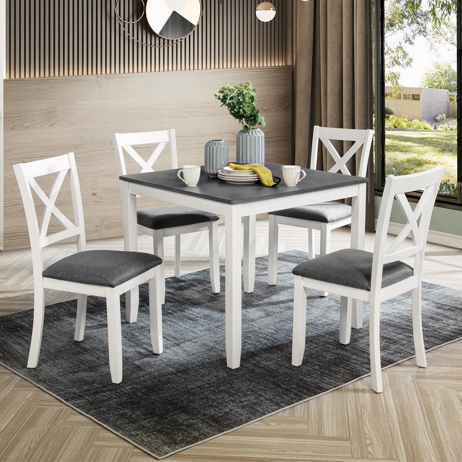 5-Piece Dining Table Set for 4, Kitchen Dining Table with 4 Soft Cushioned Solid Wood Chairs, Ideal for Home or Restaurant Use.(Gray & White_Small)
