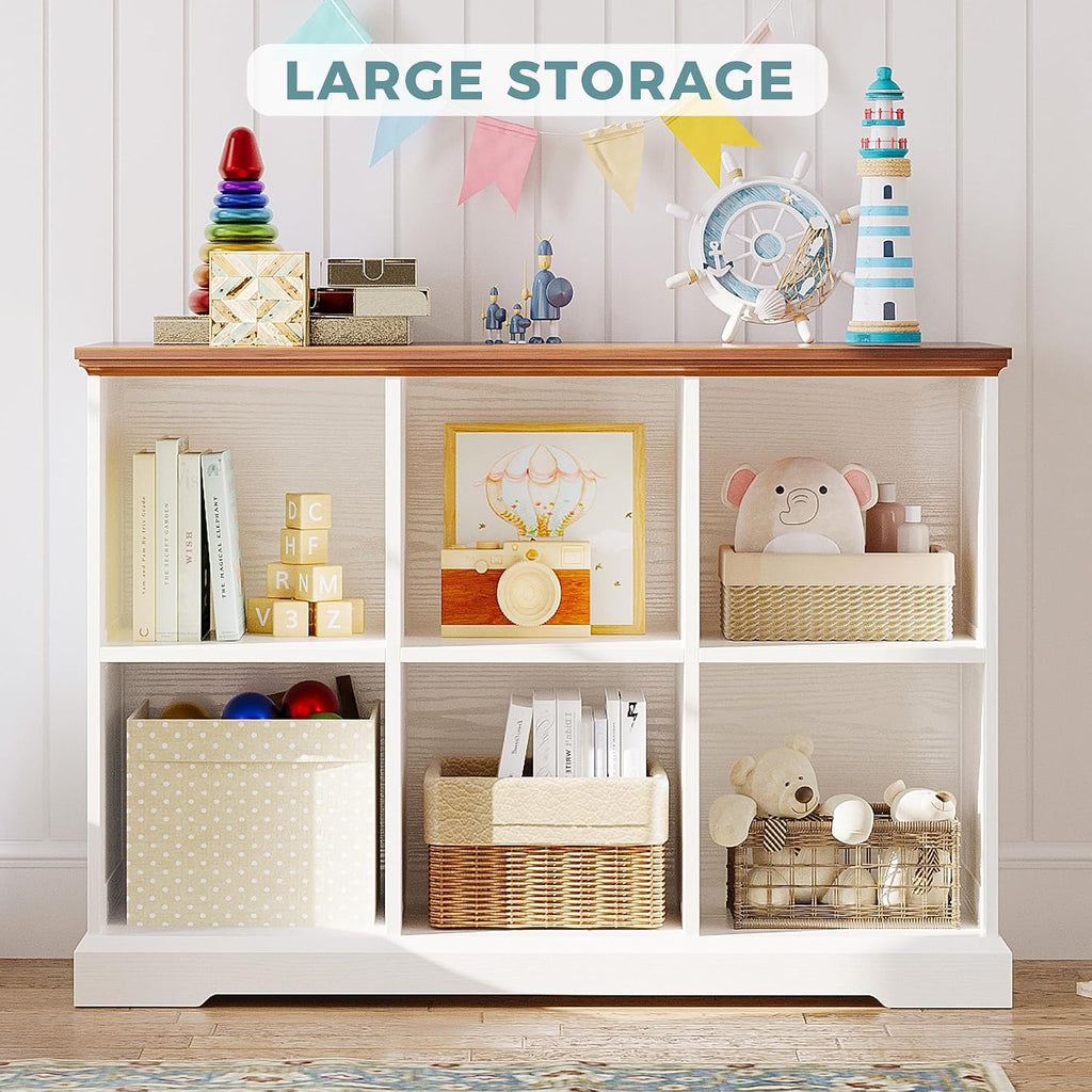 IRONCK 6 Cube Storage Organizer, Wooden Cube Shelf with Storage, Farmhouse Bookcase for Bedroom, Living Room and Home Office, White