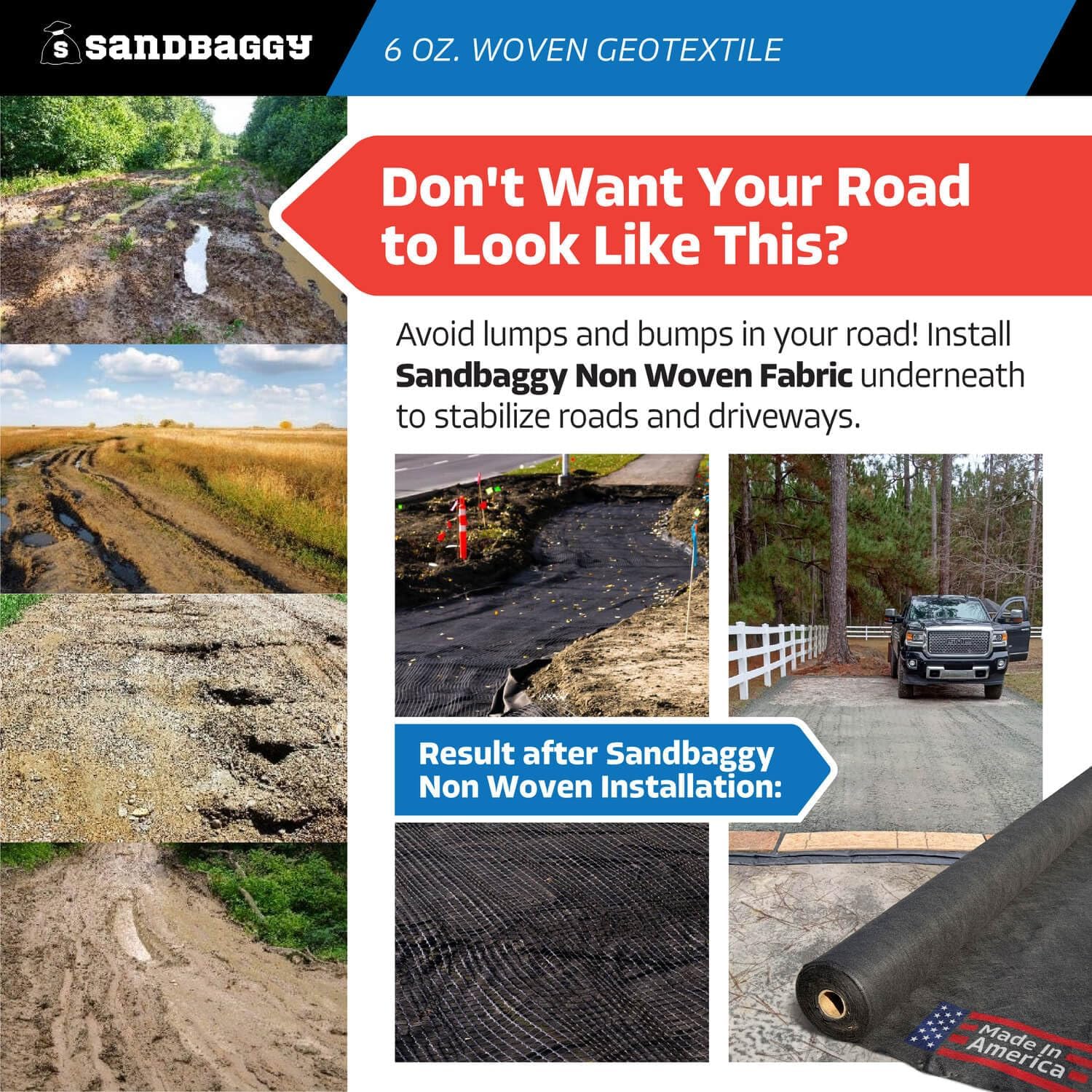 Sandbaggy 6 oz Heavy Duty Woven Geotextile Landscape Fabric (6 ft Wide) | 50 Year Fabric | 2X Thicker | Soil Stabilization & Separation | Roads, Driveways, Retaining Walls (1, 6 ft x 100 ft)
