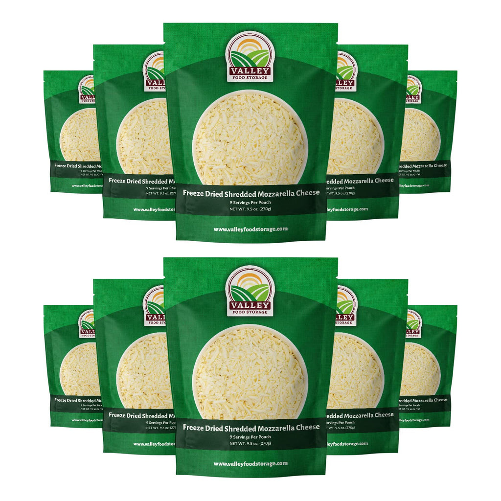 Freeze Dried Shredded Mozzarella Cheese 10-Bag Bucket, 95 Oz | Premium Emergency Food Supply 25 Year Shelf Life | Non-GMO Prepper Supplies, Survival Food Off Grid Living Supplies | Valley Food Storage