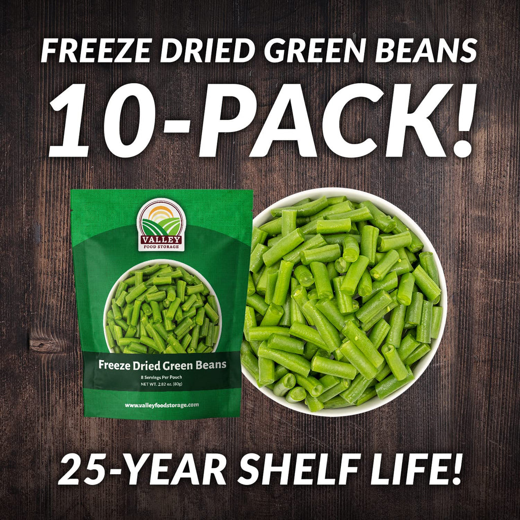 Valley Food Storage Freeze Dried Green Beans | 10-Bag Bucket, 28.2 oz | Premium Emergency Food Supply, 25 Year Shelf Life | Non-GMO Prepper Food for Camping, Cooking & Long-Term Storage, Packaged in USA