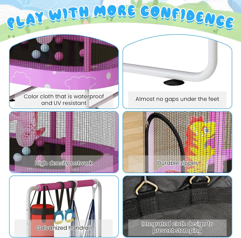 LAMERGE 55' 7-in-1 Round Trampoline for Kids Boys & Girls Ages 1-8, Indoor & Outdoor Trampoline for Fun, Adjustable Height Handrail ＆ Enclosed Safety Net ＆ Durable Designs for Toddlers Children