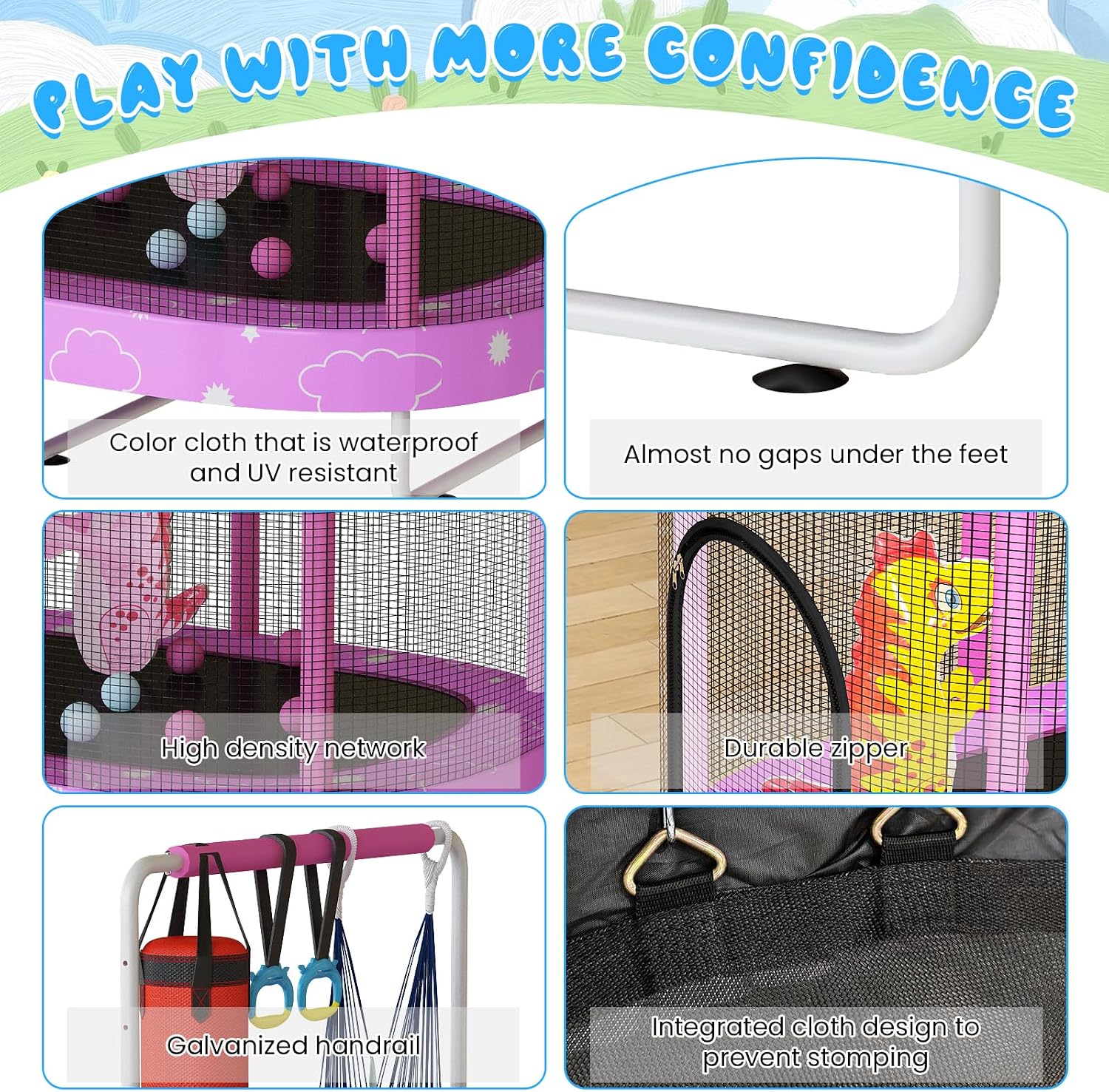 LAMERGE 55' 7-in-1 Round Trampoline for Kids Boys & Girls Ages 1-8, Indoor & Outdoor Trampoline for Fun, Adjustable Height Handrail ＆ Enclosed Safety Net ＆ Durable Designs for Toddlers Children