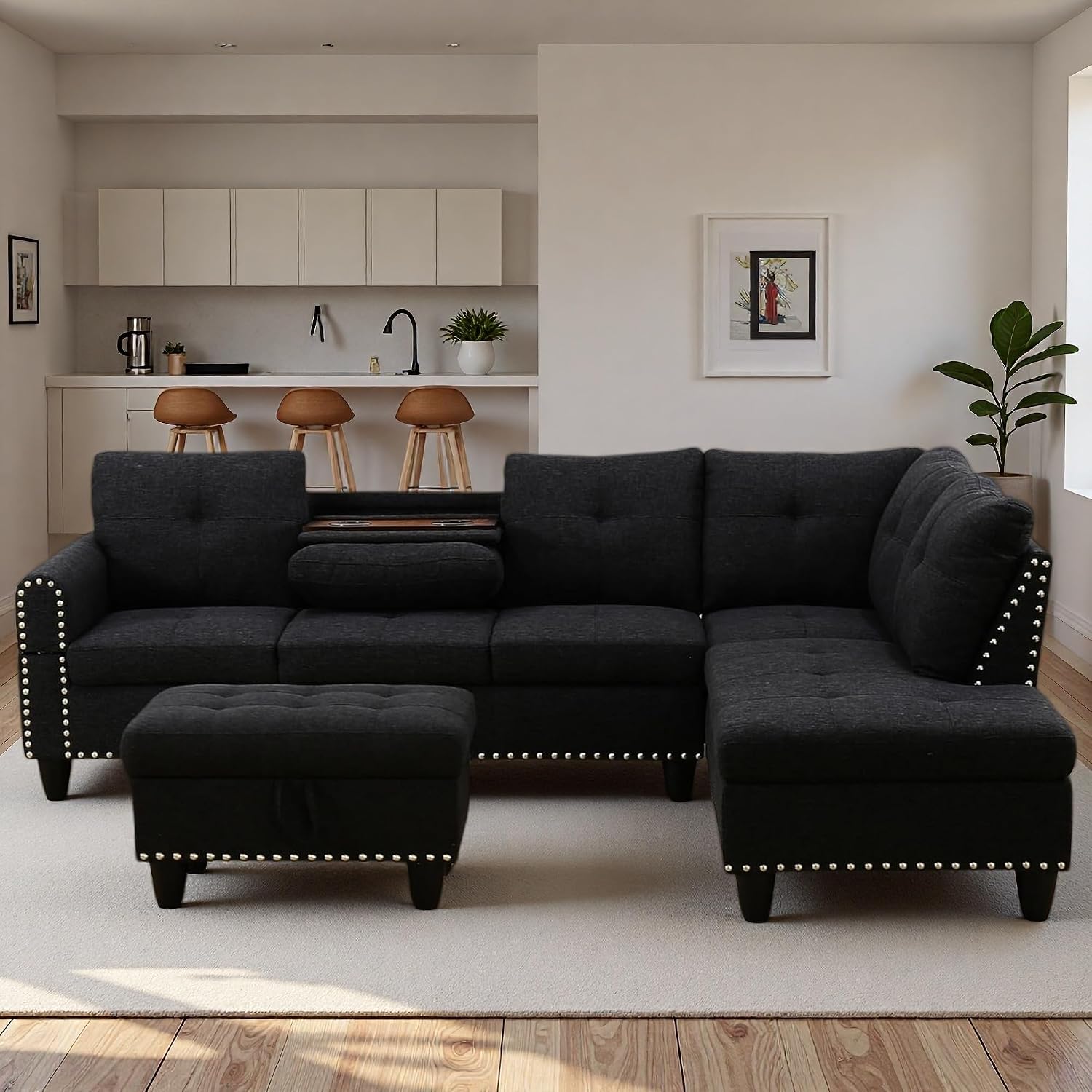 97.5' L Shaped Couch Set, Modular Sectional Couches for Living Room with Storage Ottoman, 4 Seat Home Sofa Living Room Furniture Sets with Chaise for Apartment Office (Linen, Dark Grey)
