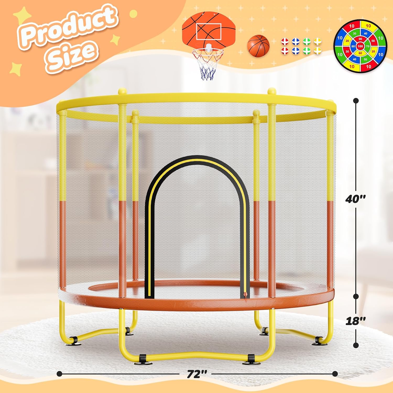 6FT Indoor Trampoline for Kids Ages 1-8, 72' Mini Toddler Indoor & Outdoor Trampoline with Safety Enclosure Net, Basketball Hoop & Dart Board, Birthday Gifts for Boys & Girls, Baby Toddler