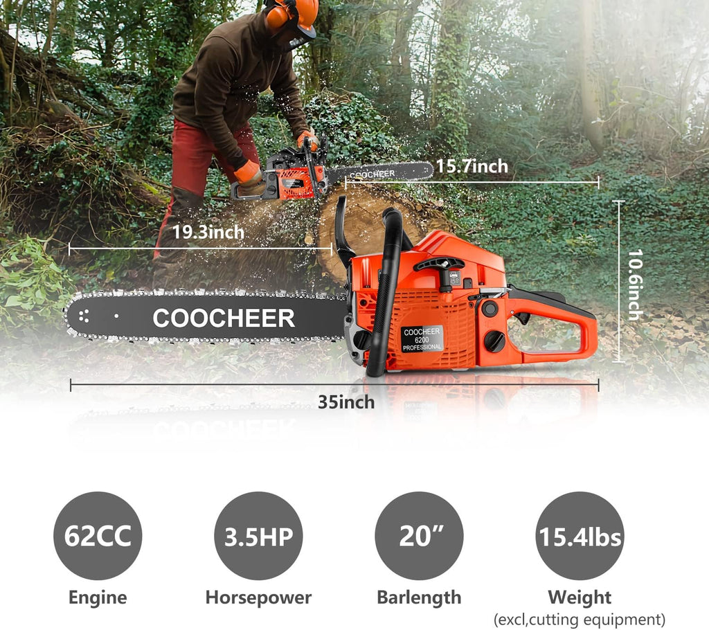 COOCHEER Gas Chainsaw 20 Inch 62CC Gasoline Powered Chain Saws 12000r/min 3.5HP 2 Stroke Cordless Gas Power Chain Saw for Tree Cutting Wood, Home Farm Garden Tools