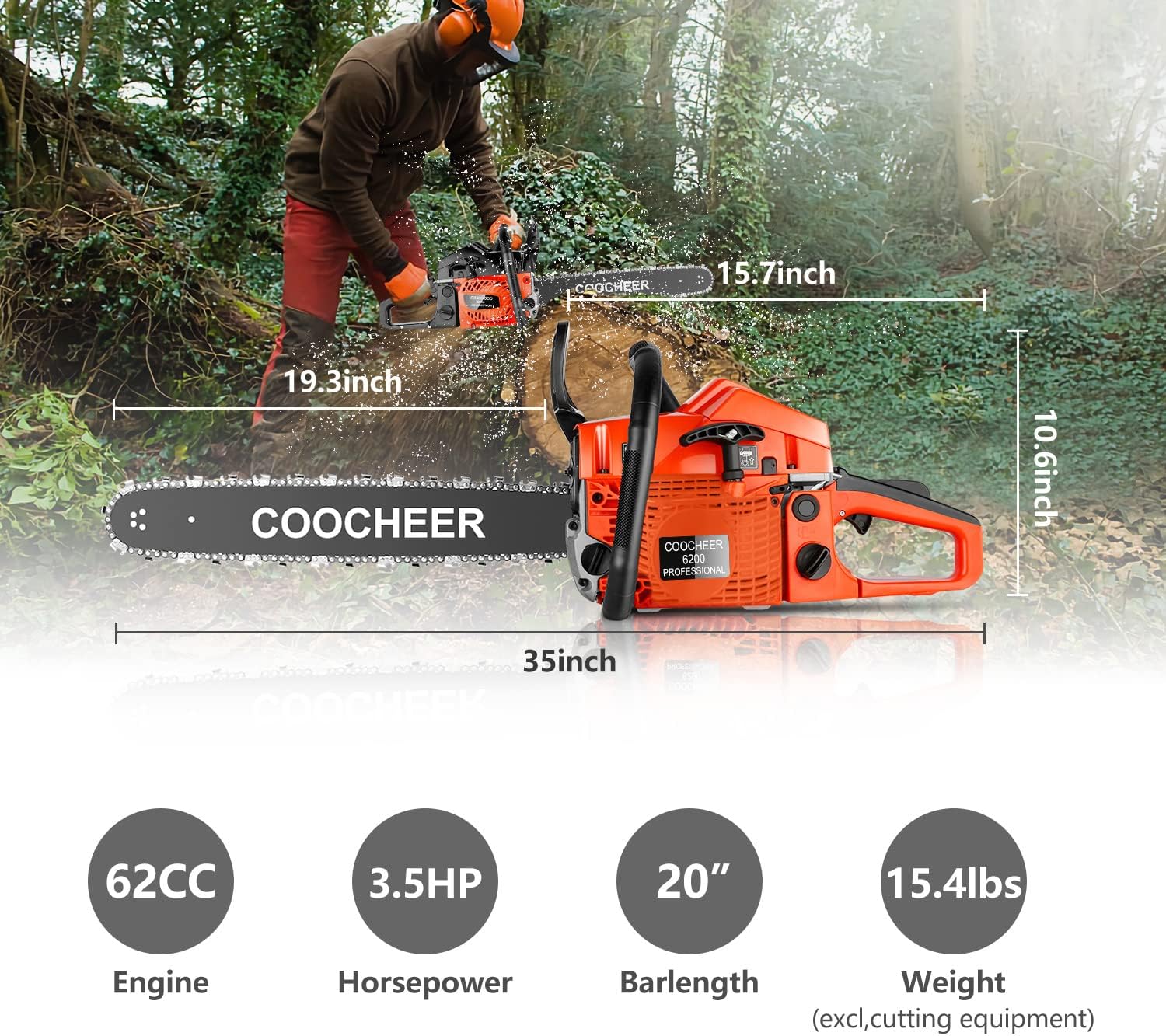 COOCHEER Gas Chainsaw 20 Inch 62CC Gasoline Powered Chain Saws 12000r/min 3.5HP 2 Stroke Cordless Gas Power Chain Saw for Tree Cutting Wood, Home Farm Garden Tools