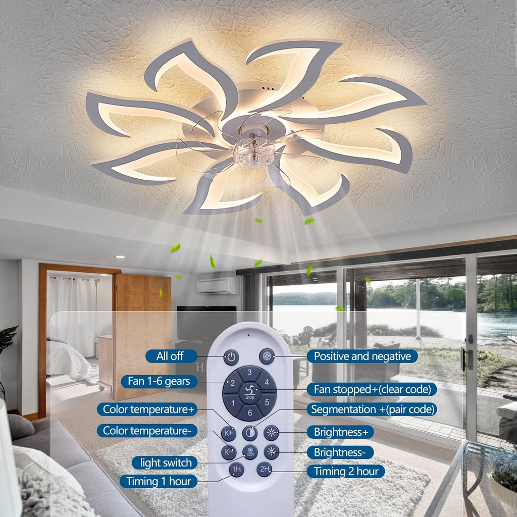 Dalouguan Modern Ceiling Fan with Lights Remote Control, 32' White Flush Mount Ceiling Fan with Light, 6 Speeds 3 Light Color Low Profile Ceiling Fan for Kitchen Bedroom