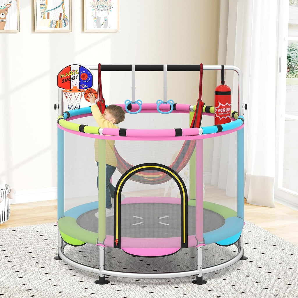 OLAKIDS 55' Trampoline for Kids, Indoor Outdoor Adjustable Toddler Trampoline with Safety Enclosure Net, Baby Recreational Trampolines with Basketball Hoop Hammock Boxing Bag Gymnastic Bar Rings